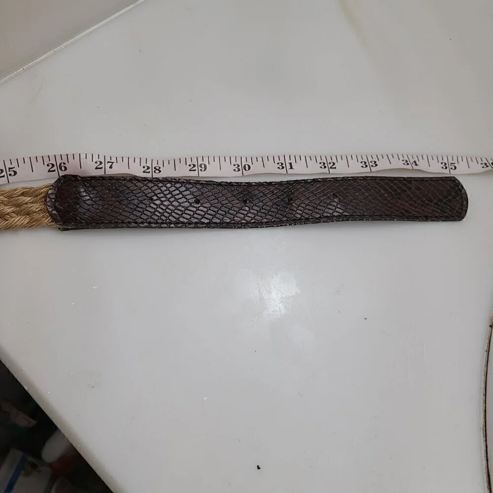 Vintage 80s 90s Women's Skinny  Brown Leather Braided Woven Jute Straw Belt